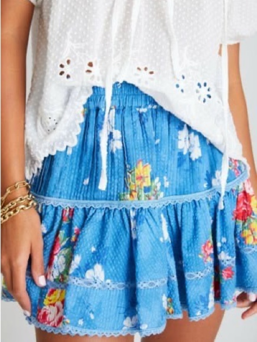 LoveShackFancy Blue Floral A-Line Tiered Skirt XS